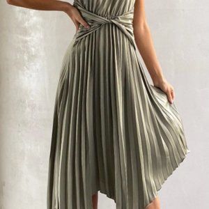 Toperth One Shoulder Pleated Midi Dress - Olive